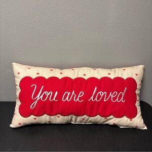 Decorative Pillow, “You Are Loved”, White and Red, 23”x12”
